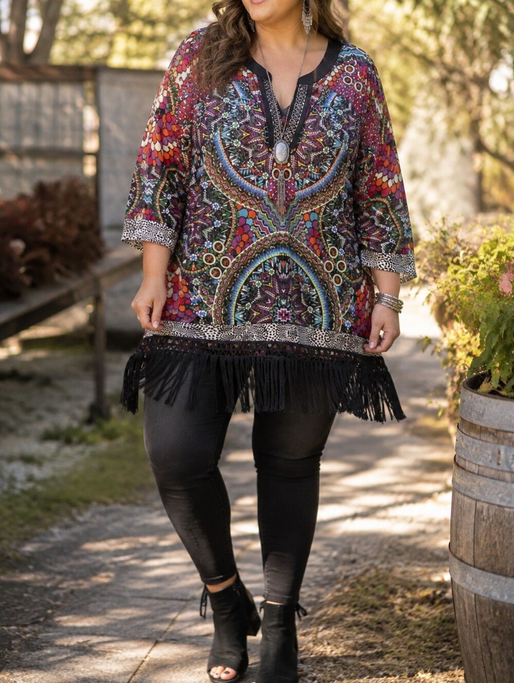 Zoe Boho Multicolor Mesh Tunic Top Fringe Hem 3/4 Sleeve Festival Fall